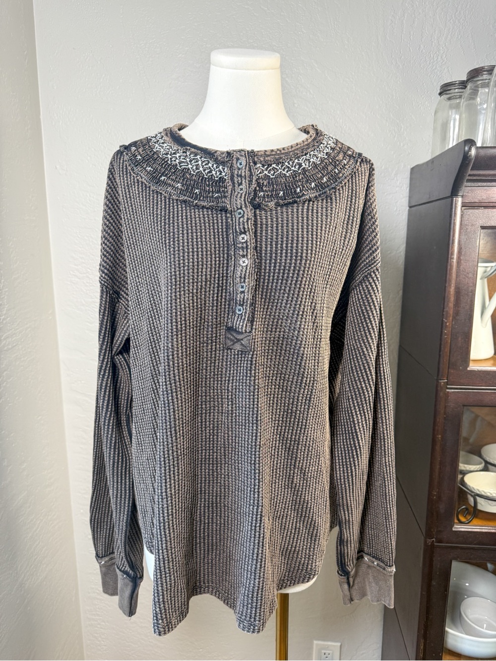 Free People We The Free Holly Thermal Henley Top Oversized Waffle Knit Size L